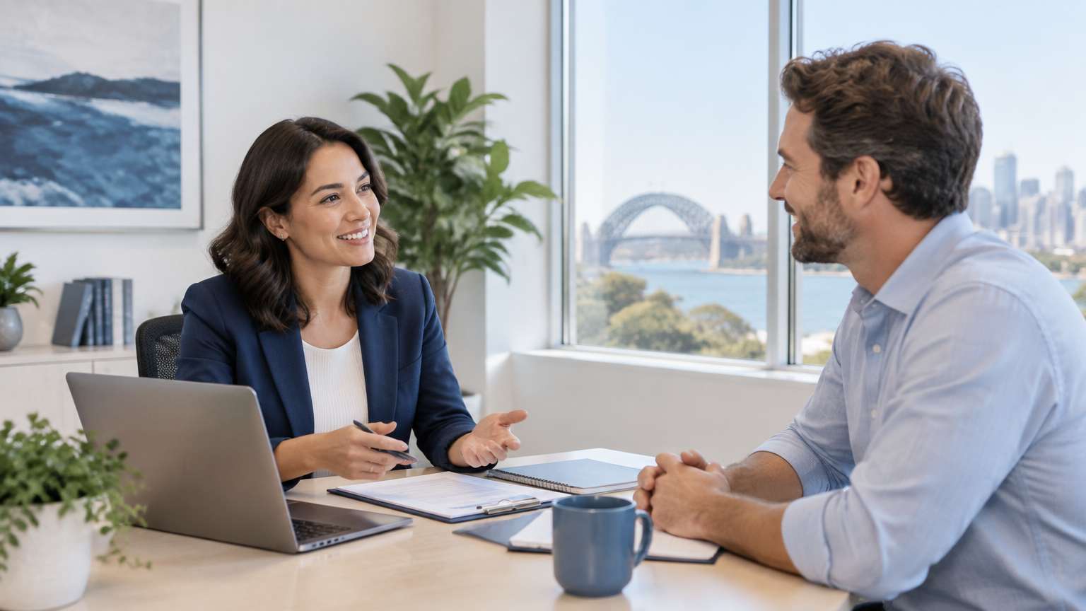 Recruitment consultant discussing contractor payroll with a contractor in a Sydney office