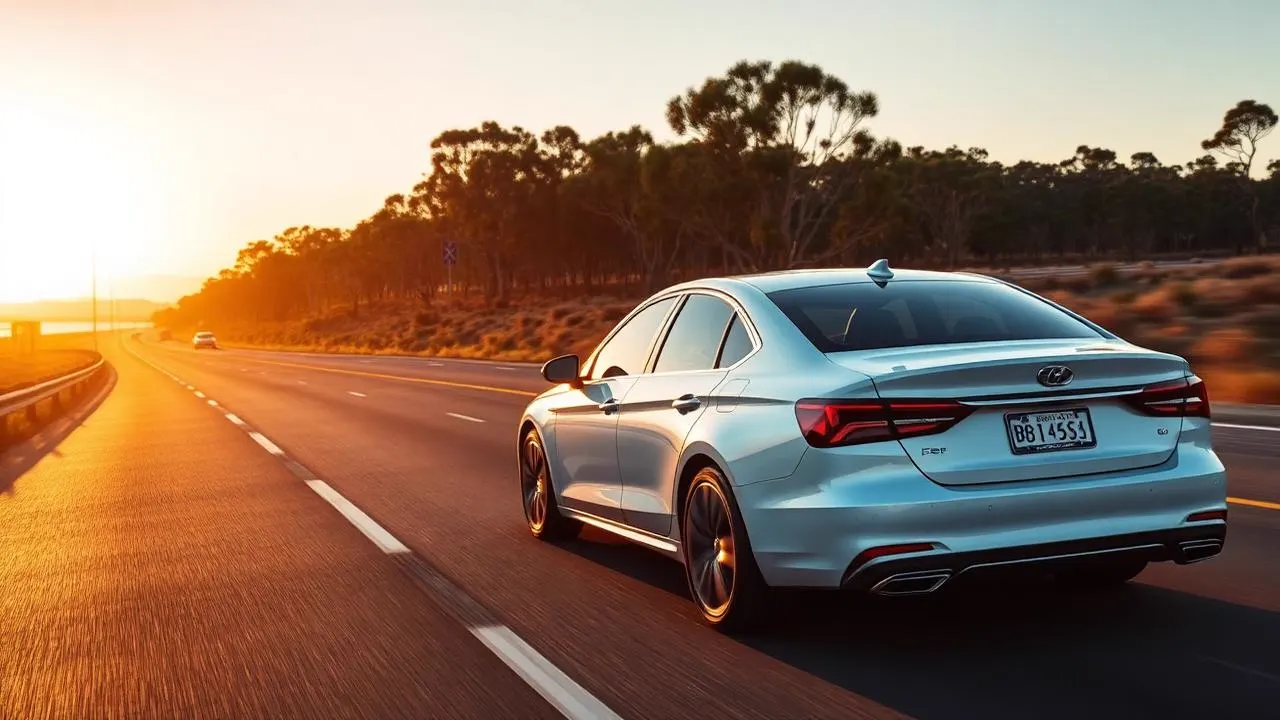 Modern sedan driving along an Australian coastal highway at golden hour