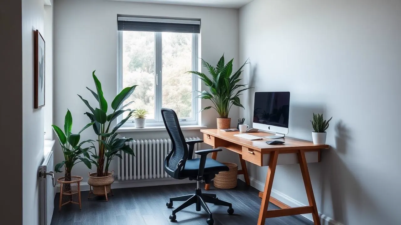 Calm modern office corner with indoor plants, a timber desk and natural daylight