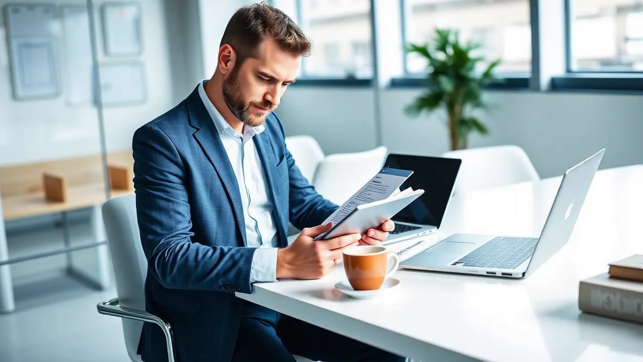 Australian finance professional reviewing documents on a tablet at a bright office desk