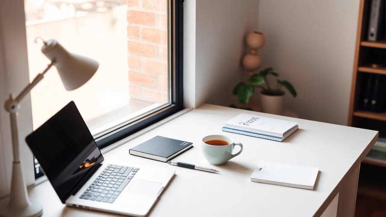 Tidy Australian home office desk with a laptop and notebook beside a sunlit window